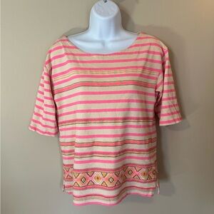 J. Crew Pink and Cream Striped Embroidered Short Sleeve Top